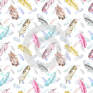 Watercolor boho seamless pattern with colorful bird feathers flying on white background. Hand drawn ethnic tribal illustration