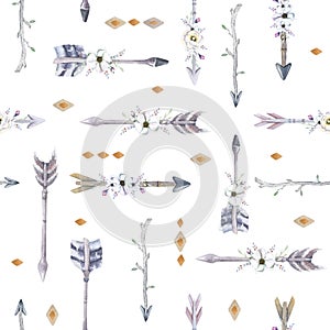 Watercolor boho seamless pattern with teepee, arrows and feather