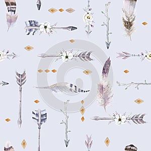 Watercolor boho seamless pattern with teepee, arrows and feather