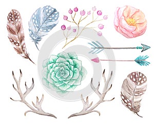 Watercolor boho set of flowers and antlers photo