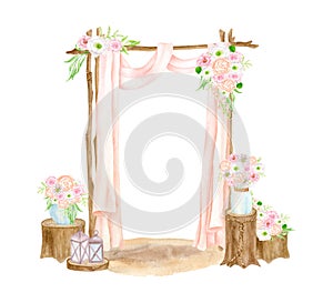 Watercolor boho wedding arch illustration. Hand painted isolated wood archway with curtains, lanterns, flowers and