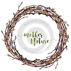 Watercolor Boho wreath made of dry twigs