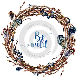 Watercolor Boho wreath made of twigs and feathers.