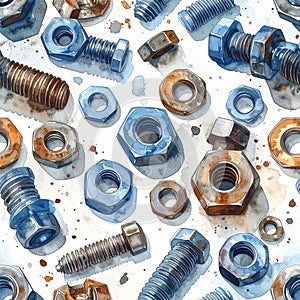 Watercolor Bolts and Nuts Seamless Pattern