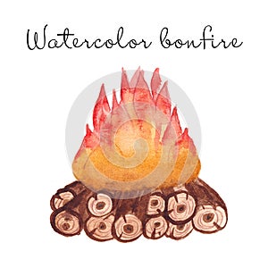 Watercolor bonfire isolated on white background.  Warm, tourism, camping