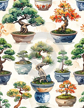 Watercolor Bonsai Tree Seamless Pattern Illustration