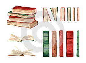 Watercolor books set. Watercolor illustration with stack of books, unfolded book, books spine and spread for libraries decor, back