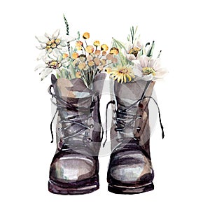 Watercolor boots with flowers illustrations