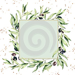 Watercolor border with black and green olive berries. Hand painted botanical card with olives branch isolated on white