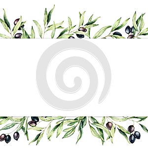 Watercolor border with black olive berries and branch. Hand painted botanical banner with olives isolated on white