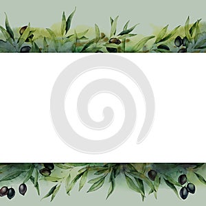Watercolor border with black olive branch and berries. Hand painted botanical banner with olives isolated on white