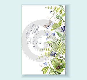 Watercolor border with forest plants and butterfly