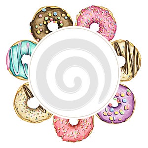 Watercolor border frame with multicolor donuts