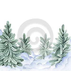 watercolor border, frame with winter christmas landscape. fir trees and snow, winter forest, new year
