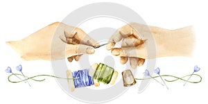 watercolor border with illustration of women's hands embroider, hold a needle and pins, thimble, scissors, different