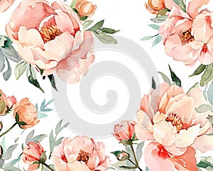 Watercolor border of pink peonies on white