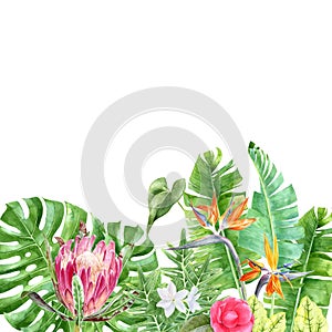 Watercolor border with tropical plants and flowers