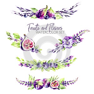 Watercolor borders set with flowers, figs and berries. Original hand drawn illustration in violet shades. Fresh summer
