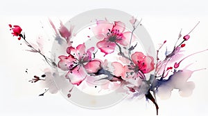 Watercolor botanical art abstract pink flowers on white background