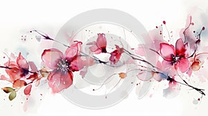 Watercolor botanical art abstract pink flowers on white background