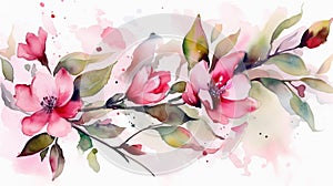 Watercolor botanical art abstract pink flowers on white background