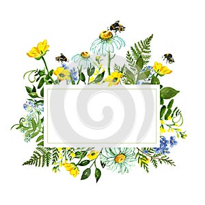 Watercolor botanical border with colorful yellow and blue wild flowers, green leaves, herbs and honey bee. Summer holiday card