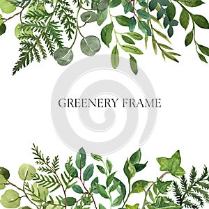 Watercolor botanical frame with lush greenery, herbs and green leaves on white background. Modern foliage frame. Floral invitation