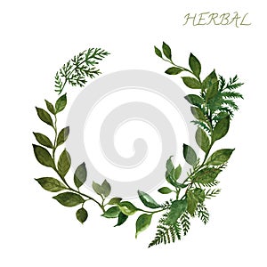 Watercolor botanical frame with wild herbs and green leaves on white background. Floral wedding invitation design template