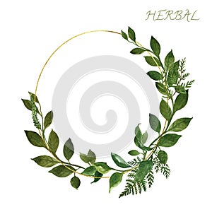 Watercolor botanical golden frame with wild herbs and green leaves on white background. Wedding invitation design template