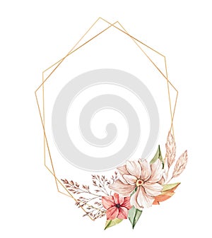 Watercolor botanical illustration. Autumn frame with golden border and wild florals. Gentle peony, red flowers, artichoke,