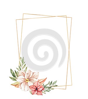 Watercolor botanical illustration. Autumn frame with golden border and wild florals. Gentle peony, red flowers, artichoke,