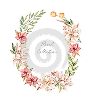 Watercolor botanical illustration. Autumn wreath with wild florals. Border with gentle peony, red flowers, artichoke, branches and