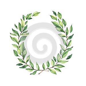 Watercolor botanical illustration. Greenery Laurel wreath clipart. Spring wreath with fresh green leaves and branches. Perfect for