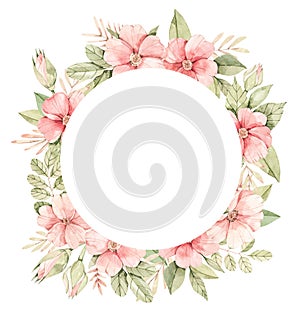 Watercolor botanical illustration. Label with Pink dog-rose blossom. Circle with gentle rose, bud, branches and green leaves.