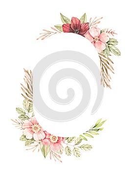 Watercolor botanical illustration. Oval Frame with Pink dog-rose blossom Gentle rose, bud, branches and green leaves. Spring