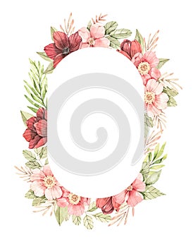 Watercolor botanical illustration. Oval Frame with Pink dog-rose blossom Gentle rose, bud, branches and green leaves. Spring