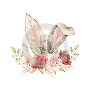 Watercolor botanical illustration. Spring bouquet with Pink  dog-rose blossom and bunny ears. Gentle rose, bud, branches, green