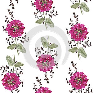 Watercolor botanical pattern of bright pink spring flowers. Seamless pattern. Textile design. Gift wrap.