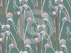 watercolor botanical pattern with gray dried brunei flowers on a green background