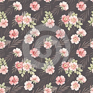 Watercolor botanical Seamless pattern. Background with pink dog-rose blossom Gentle rose, bud, branches and green leaves.