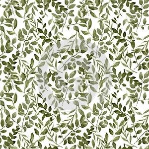 Watercolor botanical seamless pattern with fresh green leaves, greenery and foliage, isolated on white background. Hand drawn leaf