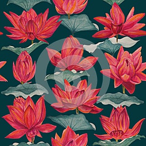 Watercolor botanical seamless pattern with pink lotus flowers.