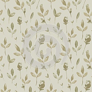 Watercolor botanical seamless pattern with roses, stems and leaves on beige background
