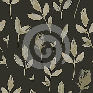 Watercolor botanical seamless pattern with roses, stems and leaves on dark background