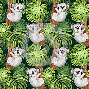 Watercolor botanical tropical pattern with hand painted koala, palm and monstera leaf on dark green background.