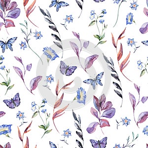 Watercolor botanical wildflowers seamless pattern, natural floral texture