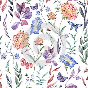 Watercolor botanical wildflowers seamless pattern, natural texture on white