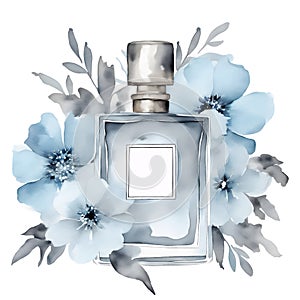 Watercolor bottle of blue perfume decorated flowers isolated on white.