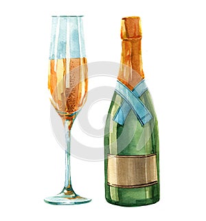 Watercolor a bottle of champagne and glass isolated on a white background illustration.