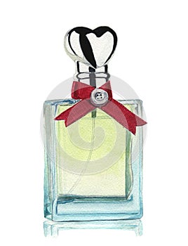 Watercolor bottle of perfume isolated on white background. Hand painted element. For design, textile and background.